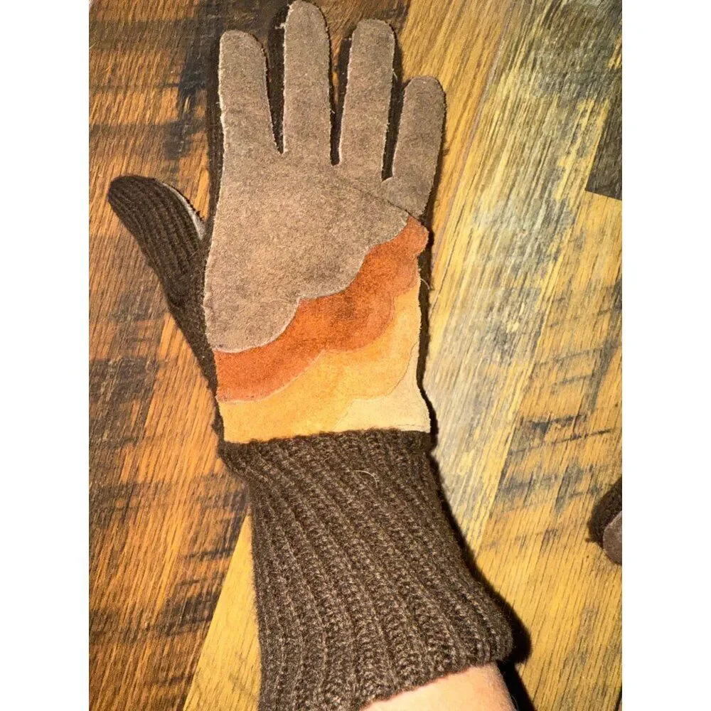 Vintage 80's‎ Brown Knit Gloves With Suede Design